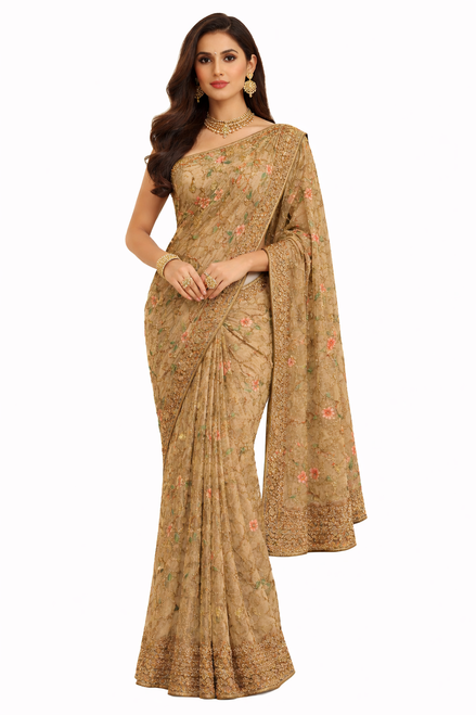 Elegant Golden Saree with Floral Designs
