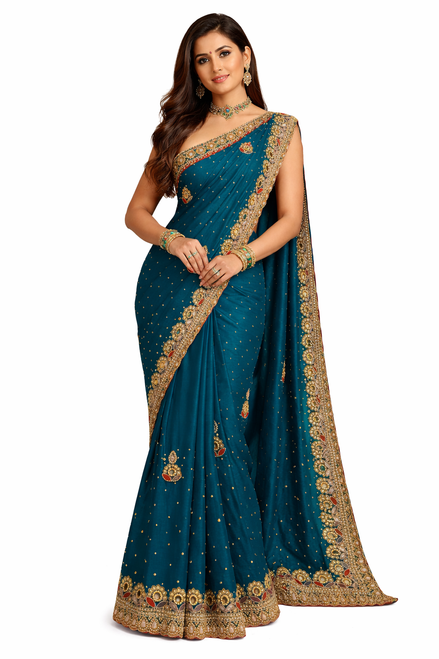 Teal Saree with Gold Embellishments