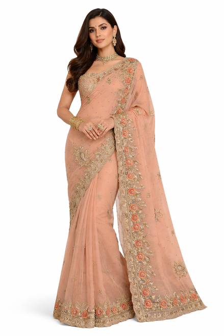 Peach Saree with Gold Border