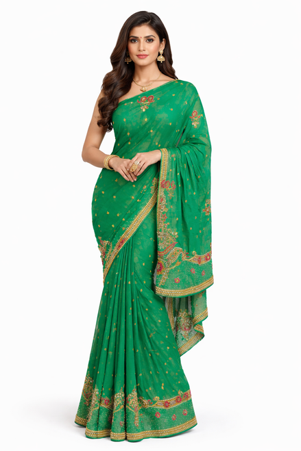 Green Saree with Gold & Silver Embellishments