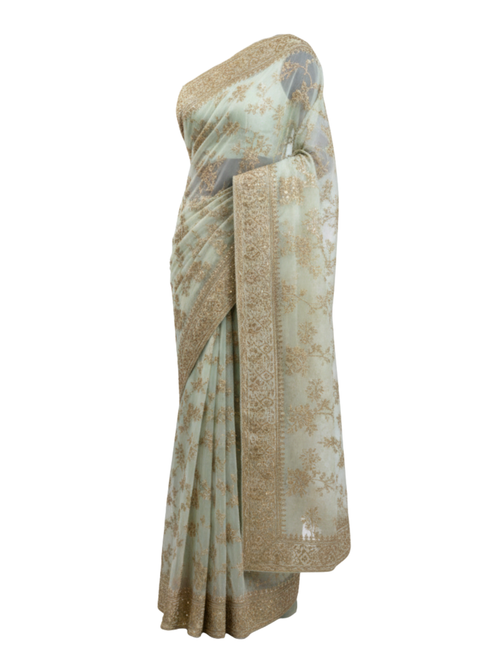 Designer Mint Green Net Saree with Ornate Gold Floral Embroidery
