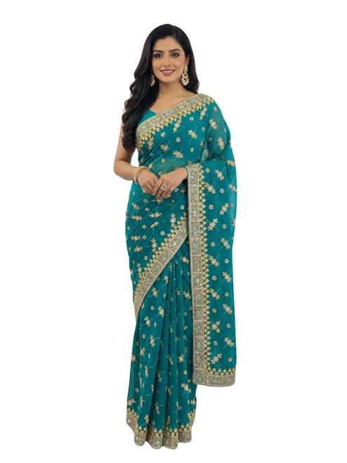 Designer Teal Saree with Allover Floral Zari Embroidery