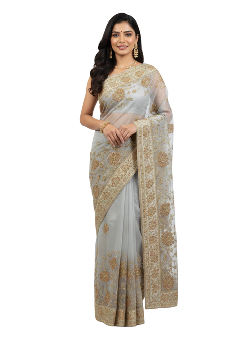 Premium Greyish-Blue Net Saree with Allover Gold Floral Embroidery
