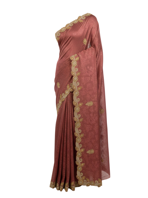 Premium Rosewood Saree with Scalloped Zari Embroidery