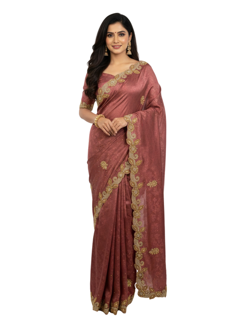 Premium Rosewood Saree with Scalloped Zari Embroidery