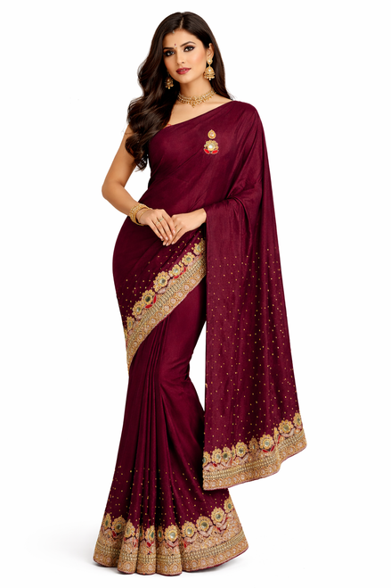 Wine Colored Saree with Gold Design
