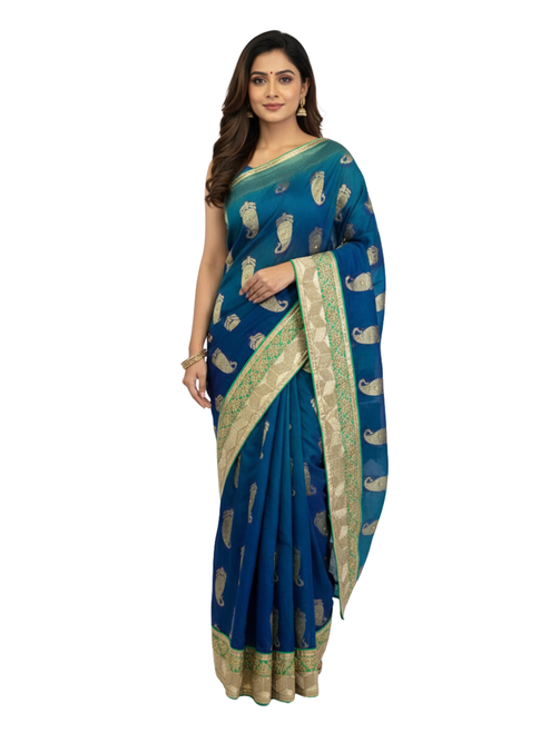 Royal Peacock Blue Saree with Traditional Gold Paisley Zari