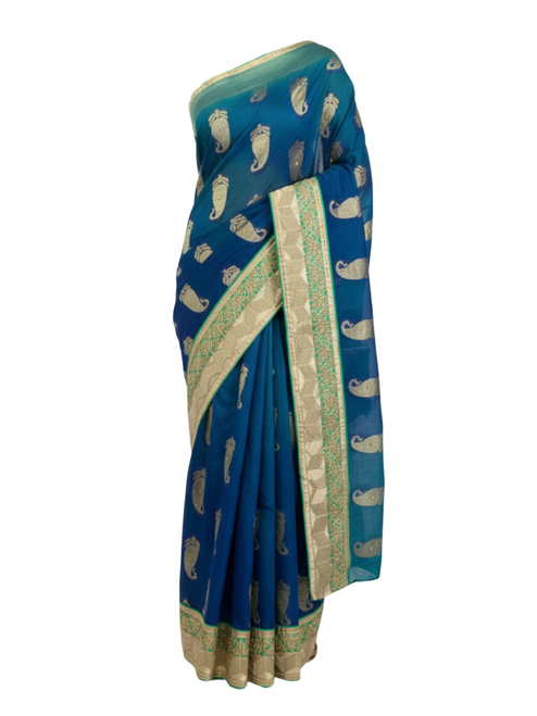 Royal Peacock Blue Saree with Traditional Gold Paisley Zari