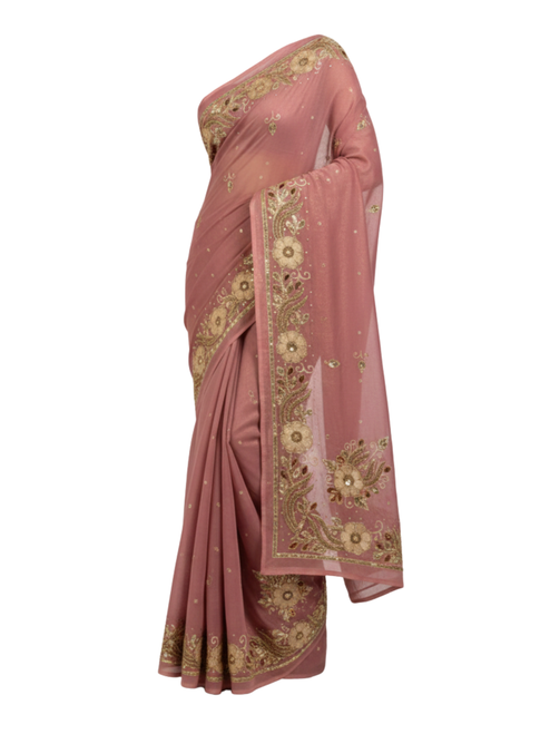Designer Dusty Rose Saree with Ornate Gold Floral Embroidery