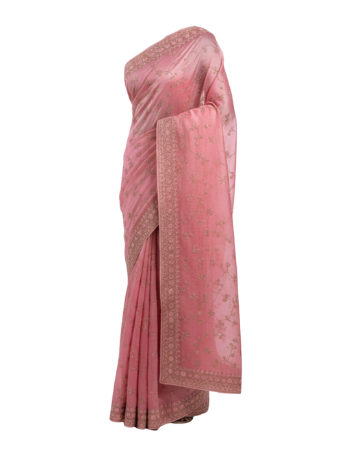 Premium Pastel Pink Net Saree with Allover Floral Embroidery and Ornate Borders