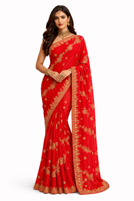 Vibrant Red Saree with Gold Embroidery