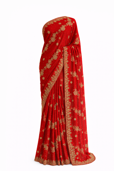 Vibrant Red Saree with Gold Embroidery