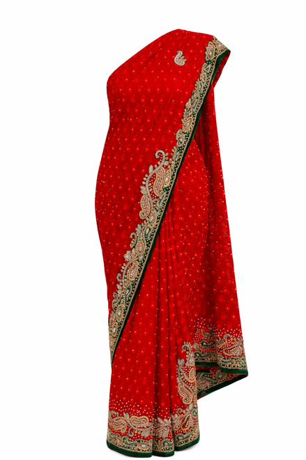 Red Saree with Green & Gold Embroidery