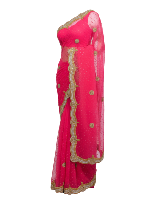 Premium Rani Pink Net Saree with Scalloped Gold Borders and Mirror Accents