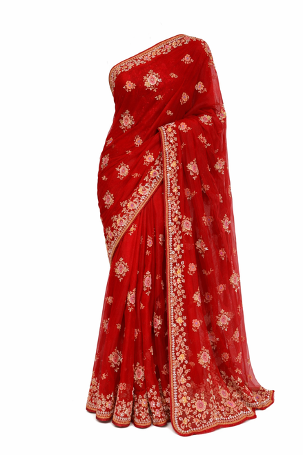 Red Saree with Silver Embroidery