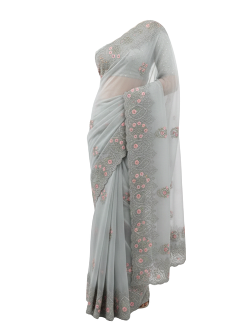 Designer Silver-Grey Net Saree with Scalloped Floral Embroidery