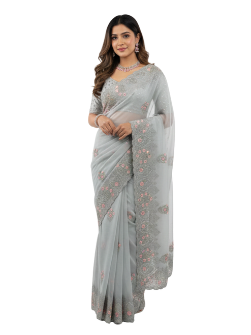 Designer Silver-Grey Net Saree with Scalloped Floral Embroidery
