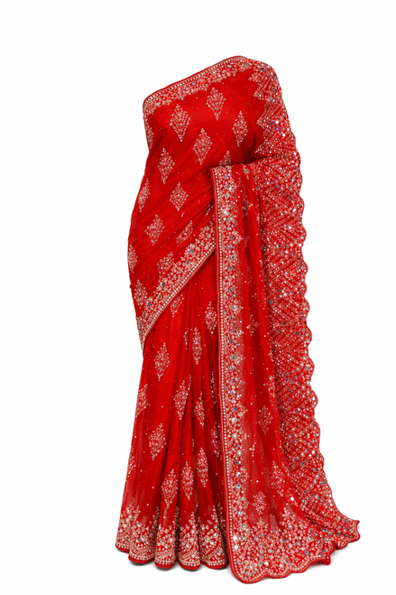 Red Saree with Intricate Silver Embroidery