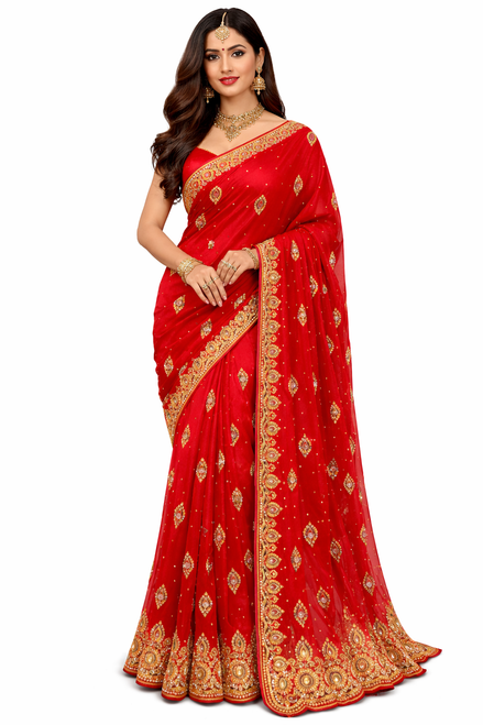 Red Saree with Gold Embellishments