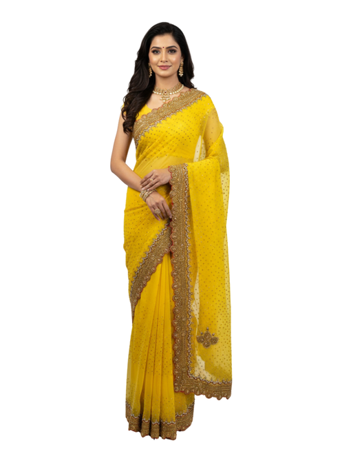 Sun-Kissed Yellow Saree with Ornate Gold Zari and Scalloped Border
