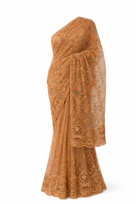 Rose Gold Saree with Floral Embroidery