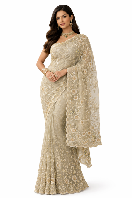 Sage Green Saree with Floral Embroidery