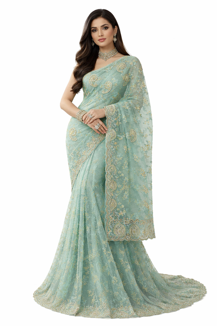 Mint Green Saree with Intricate Embroidery