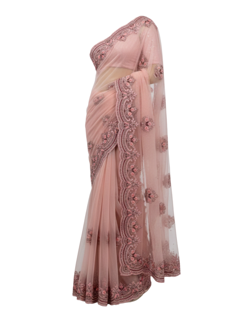 Designer Rose Pink Net Saree with Ornate Scalloped Floral Embroidery