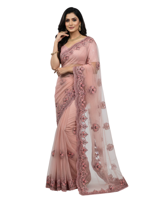Designer Rose Pink Net Saree with Ornate Scalloped Floral Embroidery