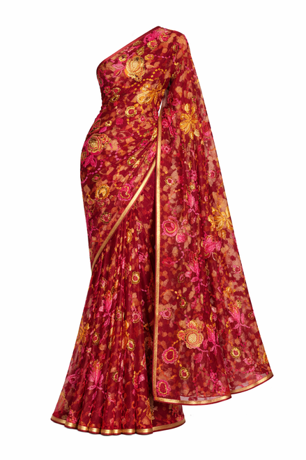 Burgundy Saree with Vibrant Floral Embroidery