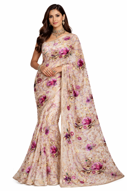 Silk & Velvet Floral Embroidery Saree