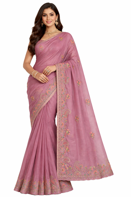 Mauve-Pink Embroidered Saree