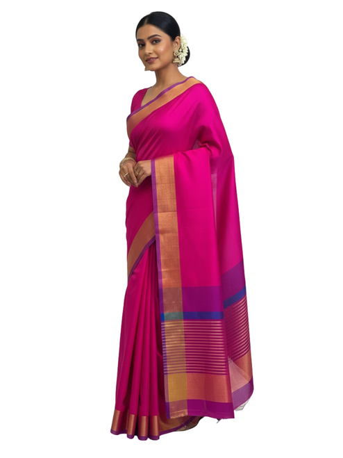 Premium Rani Pink Silk Saree with Geometric Zari Border and Pallu