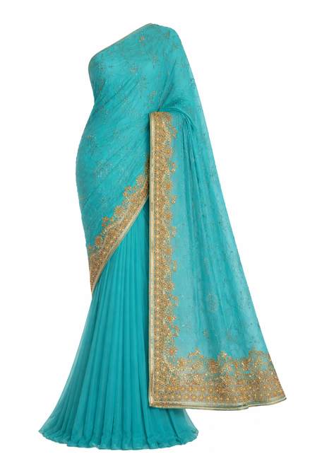Turquoise Saree with Gold Embroidery