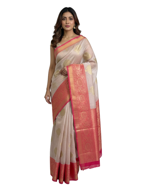 Traditional Ivory Chanderi Saree with a Royal Pink Zari Border