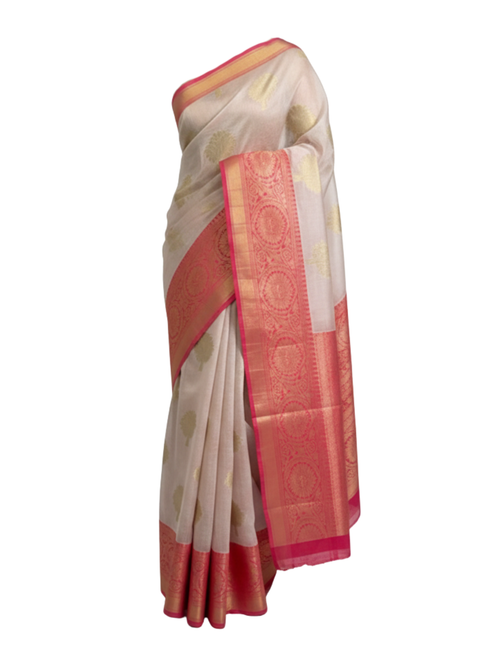 Traditional Ivory Chanderi Saree with a Royal Pink Zari Border