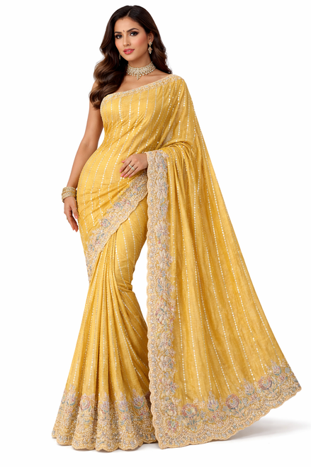 Mustard Yellow Saree with Detailed Embroidery