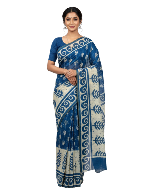 Indigo Blue Saree with Traditional Hand-Block Batik Prints