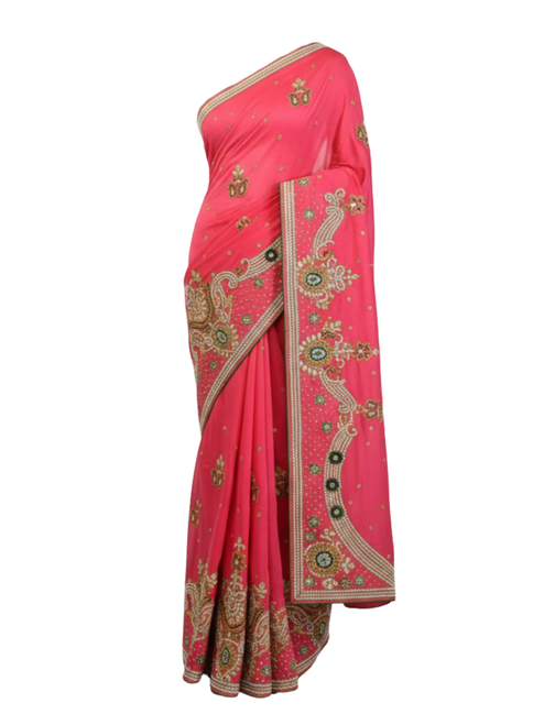 Exquisite Rani Pink Saree with Ornate Zari Embroidery and Scalloped Borders