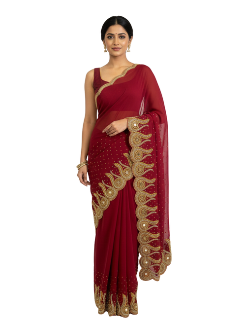 Exquisite Deep Maroon  Saree with Ornate Scalloped Mirror-Work Border