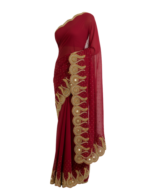 Exquisite Deep Maroon  Saree with Ornate Scalloped Mirror-Work Border
