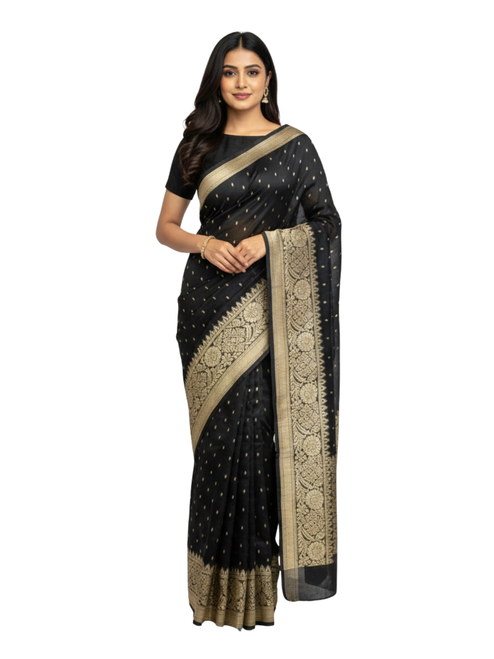 Exquisite Jet Black Saree with Antique Gold Floral Zari Weaving