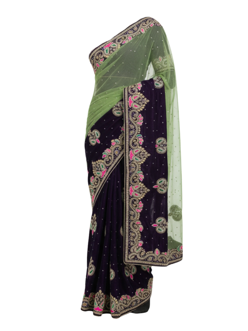 Designer Velvet Wedding Saree with Ornate Zari Embroidery and Contrast Net Dupatta-Style Pallu