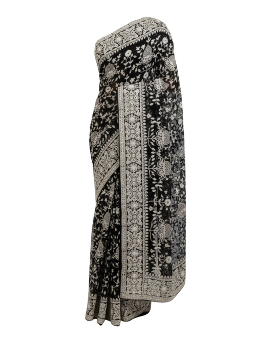 Exquisite Black Net Saree with Intricate White  Embroidery