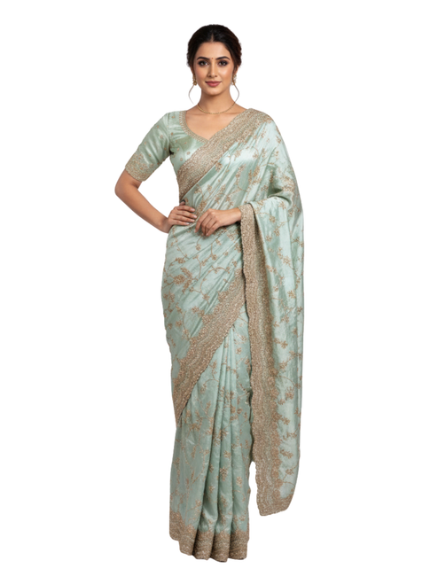 Elegant Seafoam Green Saree with Ornate Gold Zari Embroidery