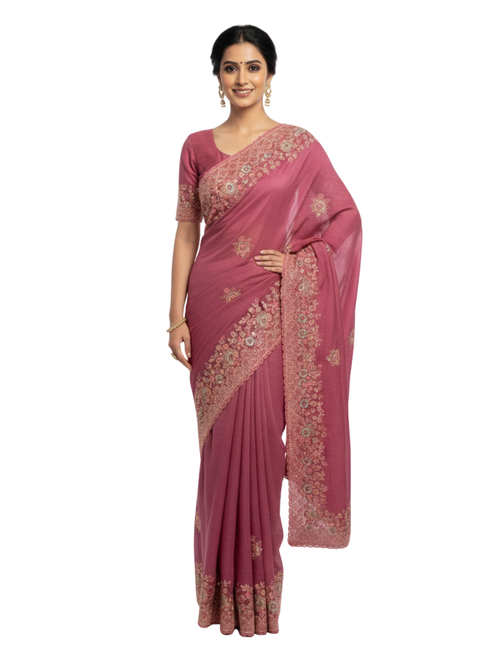 Elegant Mauve Saree with Ornate Floral Embroidery