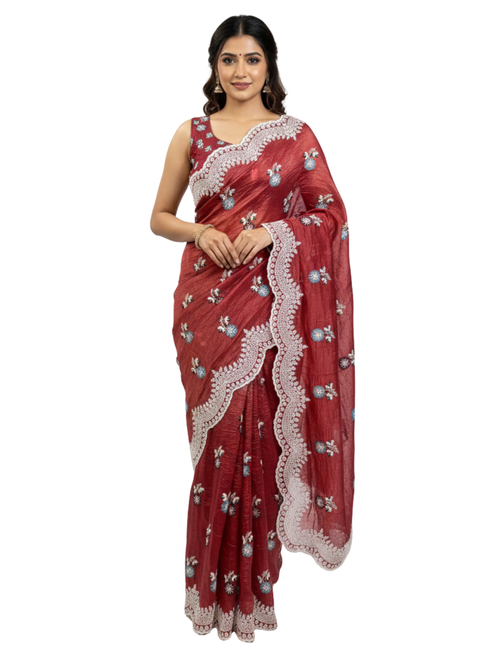 Regal Ruby Red Saree with Traditional White Floral Embroidery and Scalloped Borders