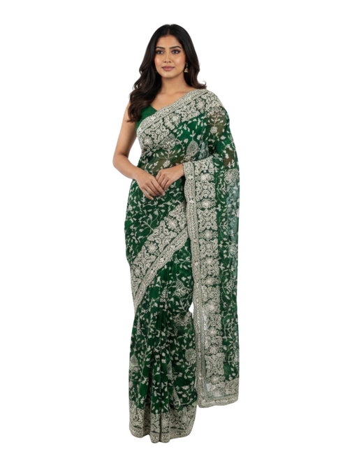 Bottle Green Saree featuring intricate Lucknowi Chikankari embroidery