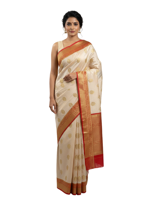 Cream and Red Saree with Zari Buta work