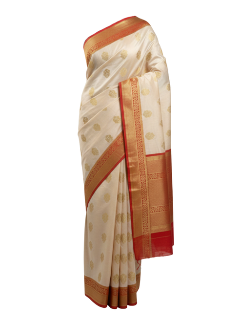 Cream and Red Saree with Zari Buta work